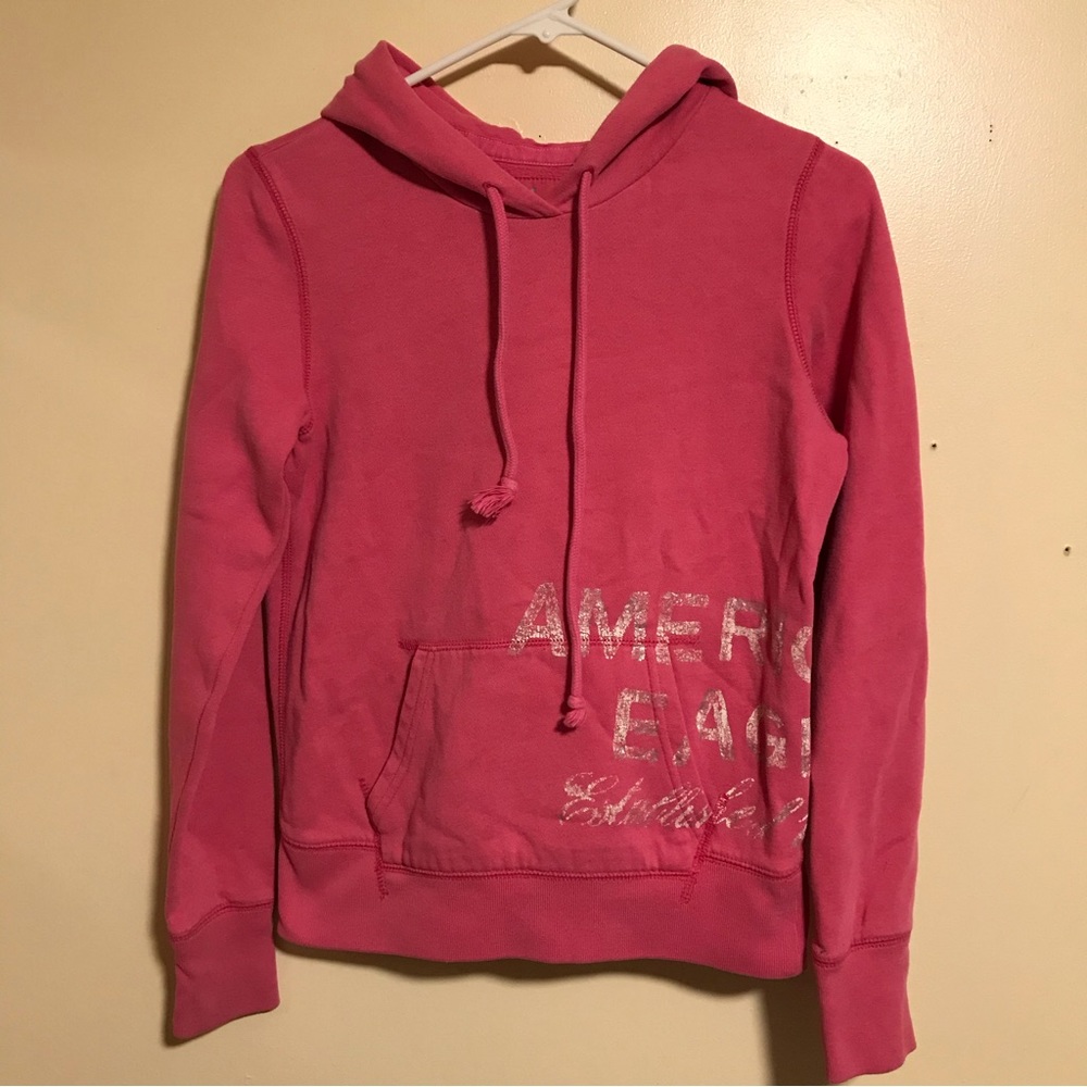 American Eagle Pink Pullover Hoodie Faded Logo Y2K Style